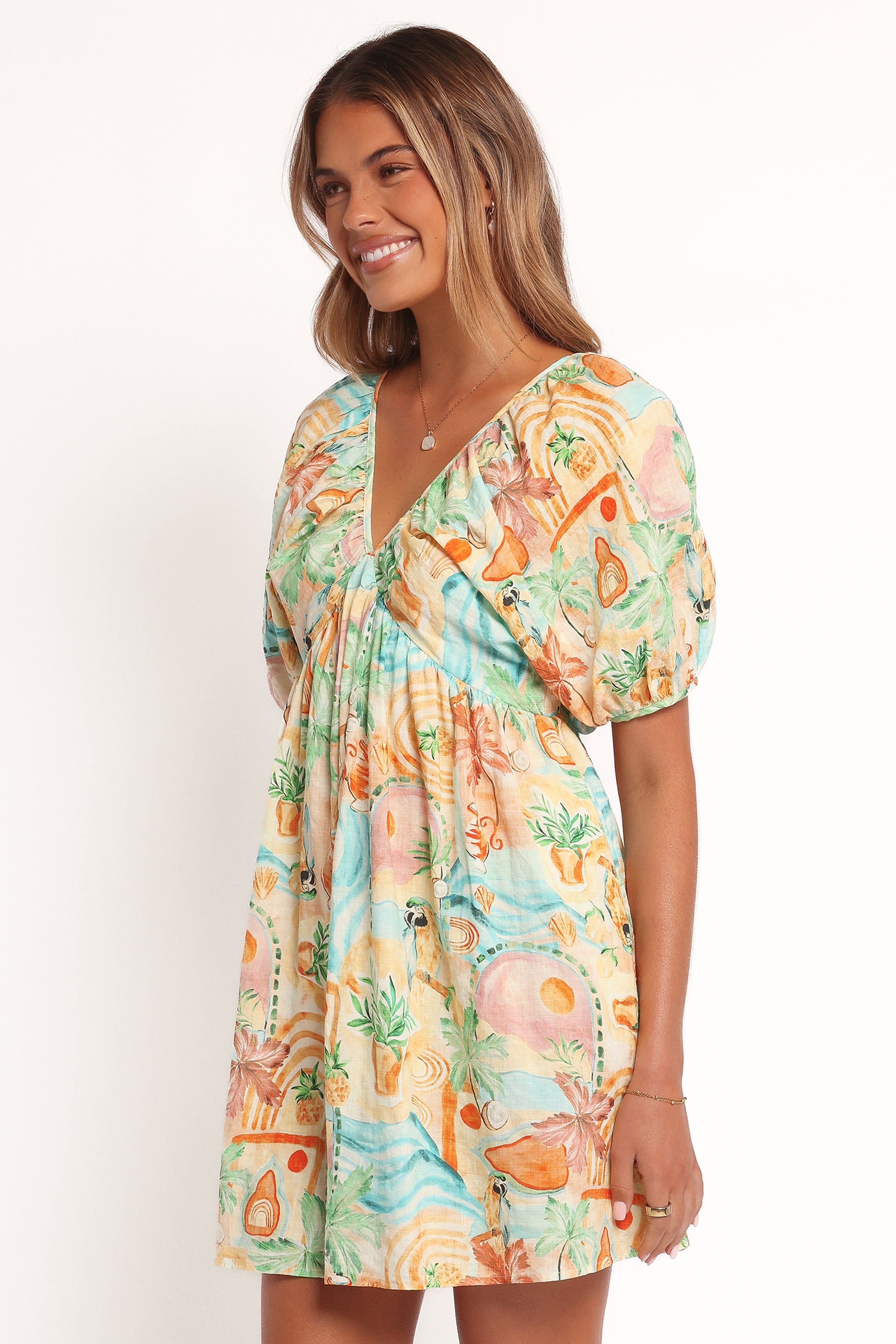 Cadhla Mini Dress - Elegant Golden Palm Print Summer Party Cocktail Dress for Women | Perfect for Beach Vacations, Date Nights & Special Occasions
