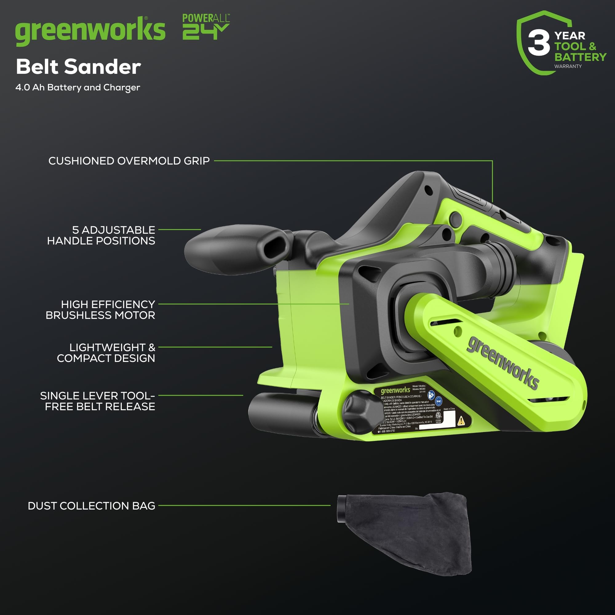 Greenworks 24V Brushless Cordless Belt Sander Kit - 3in x 18in Portable Battery Powered Sander with 4Ah Battery, Charger, Dust Bag & 60 Grit Sandpaper | Ideal for Woodworking, DIY Projects & Home Renovations