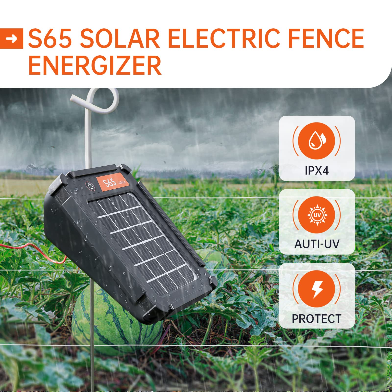 Solar Electric Fence Charger 0.065J 2 Miles Range - Bear & Raccoon Deterrent for Farms, Gardens & Livestock Protection - Includes Grounding Rod - Weatherproof Solar Powered Animal Barrier for Outdoor Use