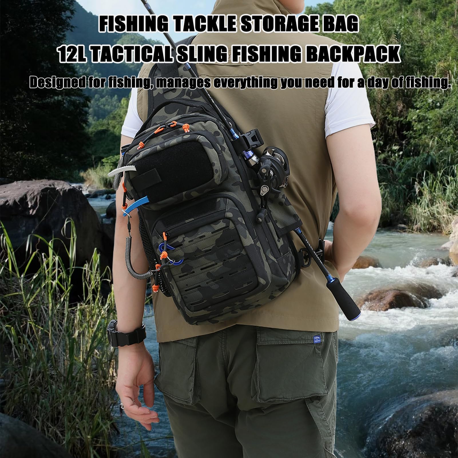 **Tactical Fishing Backpack 12L - Lightweight Sling Bag with Tackle Storage, US Flag Patch & Fishing Pliers - Durable Shoulder Tool Bag for Anglers (Green, 1 Pack) - Perfect for Outdoor Fishing, Camping & Hiking Adventures**