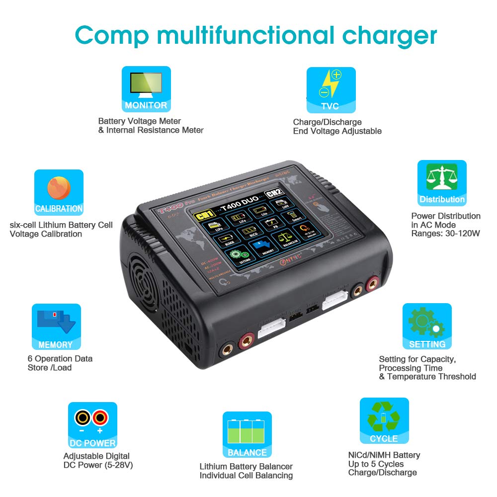 Professional 200W AC/400W DC 12A LiPo Battery Charger Discharger with Touch Screen - Balance Charger for LiPo/LiFe/NiCd/NiMH/LiHV/PB Batteries (1S-6S) - Perfect for RC Cars, Drones, and DIY Electronics Projects