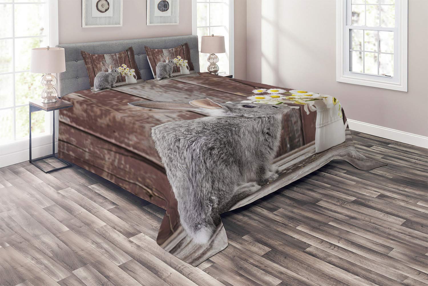 Ambesonne Easter Bunny Quilt Set - Smoke Grey Rabbit with Daisies on Rustic Wood Background, 3-Piece King Size Bedspread with 2 Pillow Shams | Spring Home Decor, Easter Gift, Farmhouse Bedroom Style