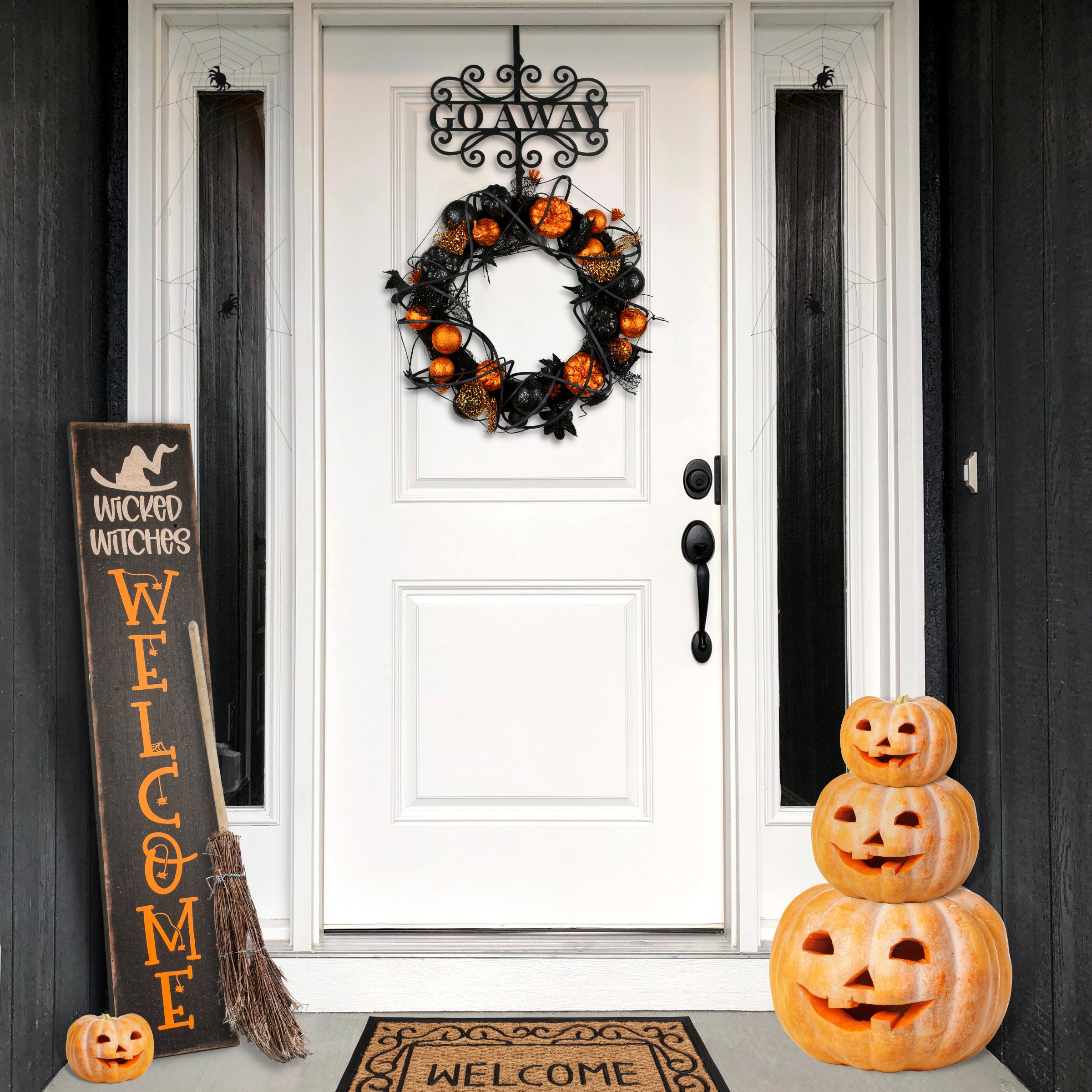 17 Inch Halloween 'Go Away' Metal Wreath Hanger - Spooky Front Door Decor for Halloween Party & Haunted House