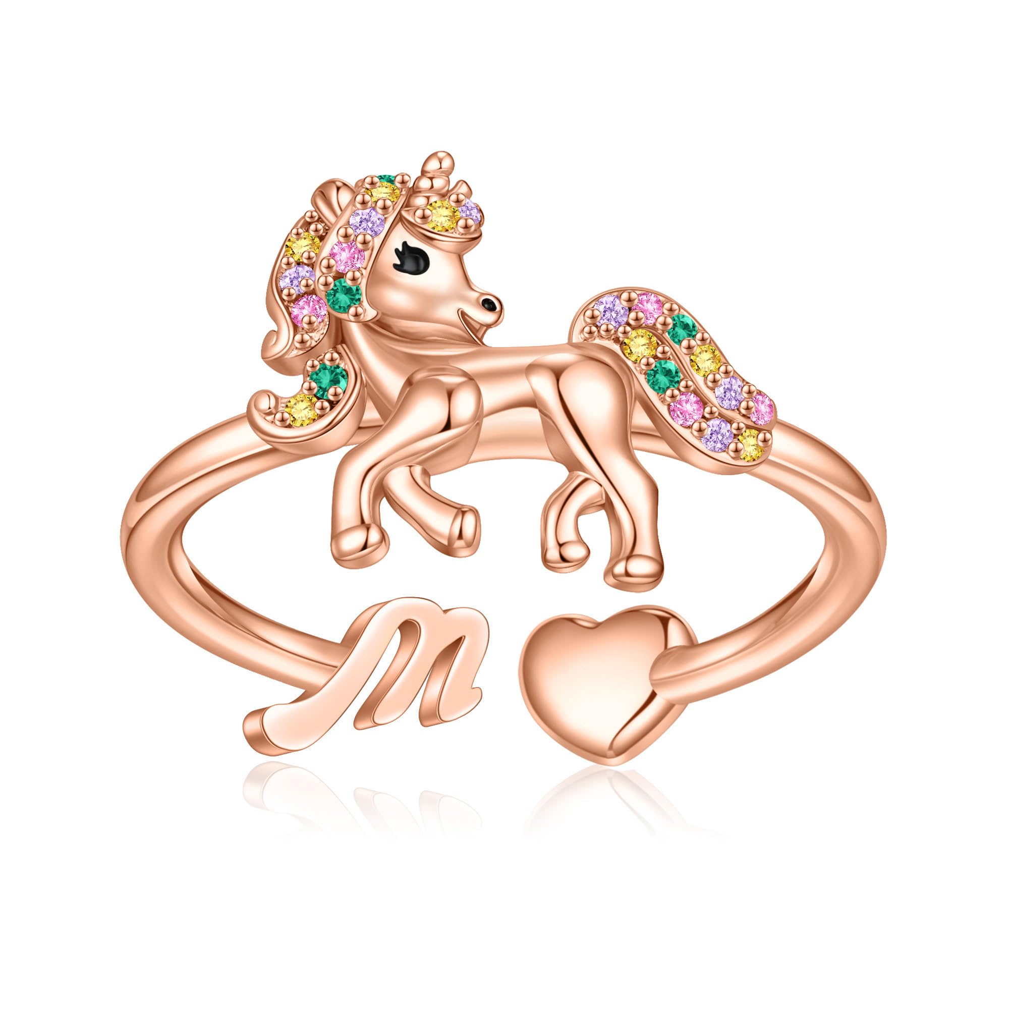 Personalized Unicorn Initial Rings for Teen Girls - Rose Gold & White Gold Plated Adjustable Heart Letter Rings | Stackable Dainty Jewelry for Women | Perfect Birthday Gift for Girls, Best Friend & Unicorn Lovers | Great for Everyday Wear, Parties & Special Occasions
