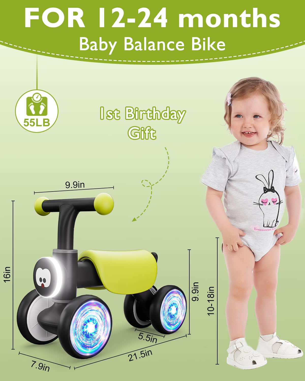 **Colorful Glow Wheel Toddler Balance Bike for 1-2 Year Old Boys & Girls | 12-24 Months Baby Bike with Soft Music & Cute Animal Sounds | First Birthday Gift | Indoor & Outdoor Play, Learning to Walk & Ride**