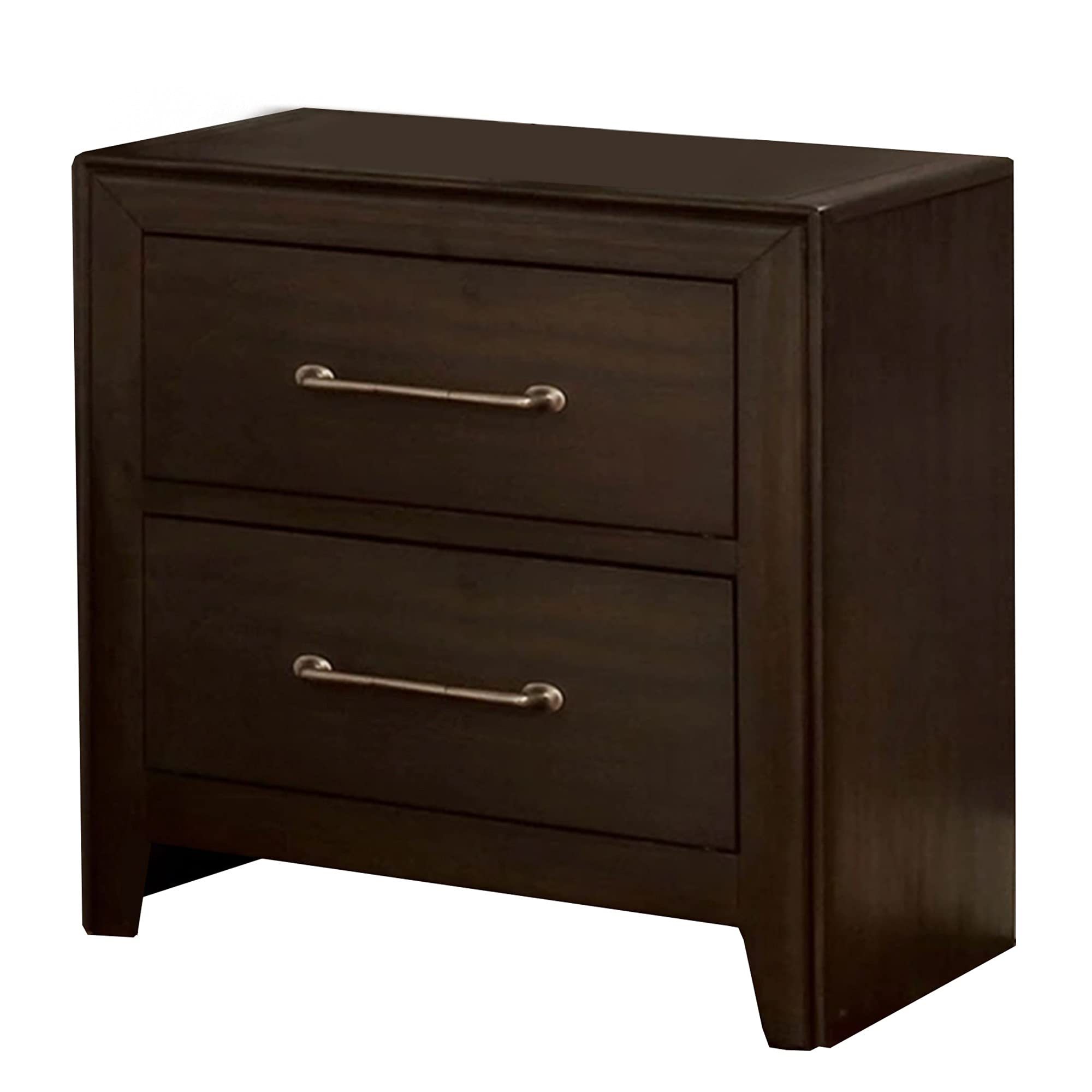 Benzara BM241943 Walnut Brown Nightstand with 2 Drawers & Metal Bar Pulls - Modern Bedside Table for Bedroom, Living Room, or Office Storage