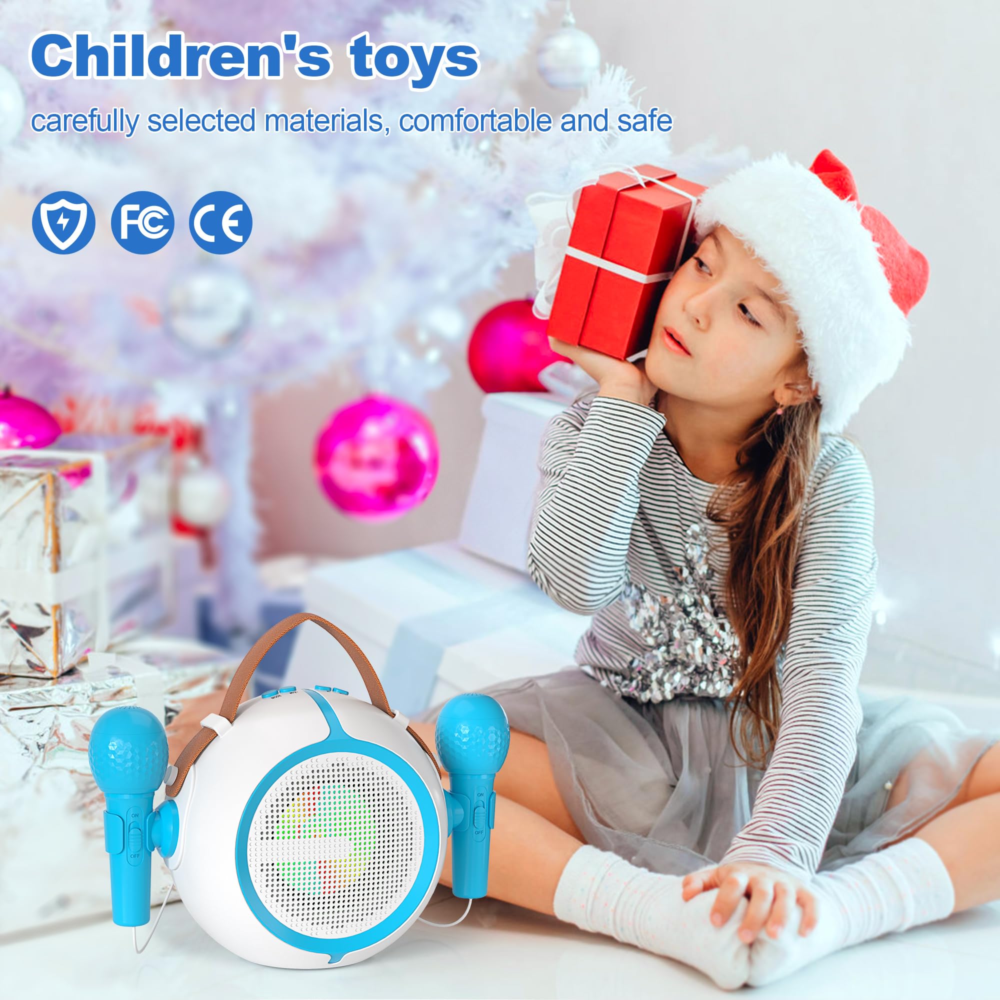 Portable Bluetooth Karaoke Machine for Kids with 2 Wireless Microphones, Rechargeable Battery, FM Radio, USB Playback & LED Lights - Perfect for Birthday Parties, Family Gatherings & Home Singing Fun (Blue)