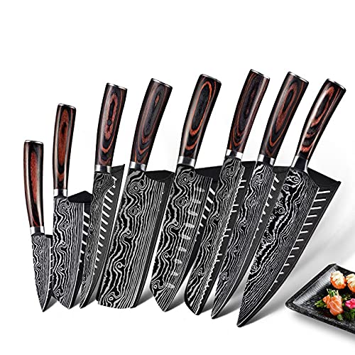 Premium Damascus Steel Knife Set - 8-Piece Professional Chef Knives with Laser Etched Pattern, 5Cr15MoV Stainless Steel Kitchen Cutlery Set for Cooking, Slicing & Food Prep - Ideal for Home Chefs & Culinary Enthusiasts