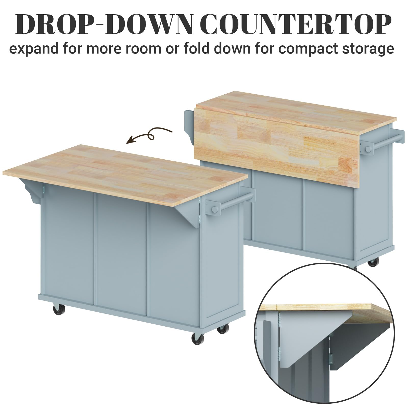 Rovibek 53-inch Blue Kitchen Island Cart with Storage Cabinet & Drawers - Solid Wood Mobile Rolling Island on Wheels - Perfect for Small Kitchens, Dining Areas & Home Organization
