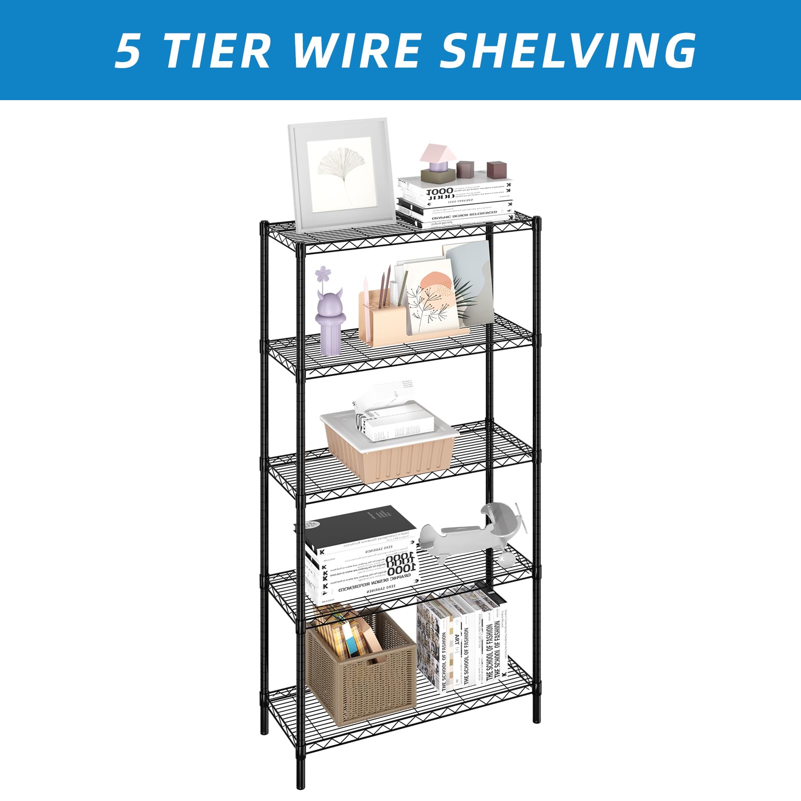 5-Shelf Adjustable Metal Wire Storage Rack - Heavy Duty Shelving Unit for Home & Office - 36