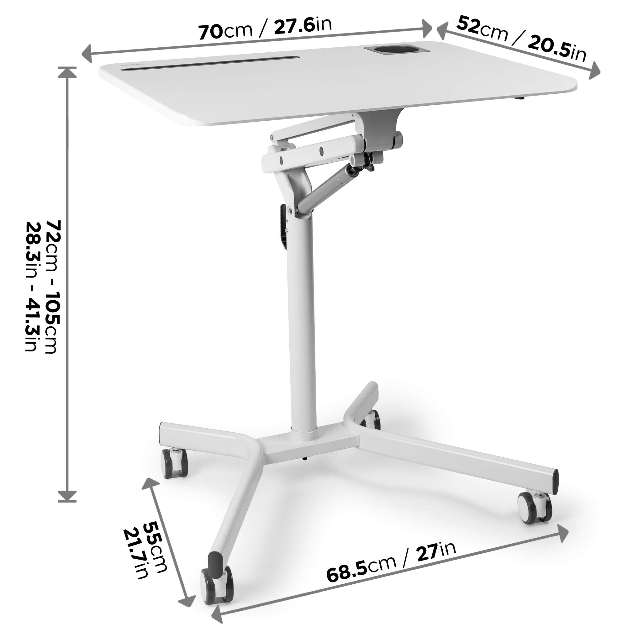 Duronic WPS57 Adjustable Height Sit Stand Desk - White Ergonomic Workstation with Tablet Holder & Cup Holder, Mobile Rolling Cart, 27.5
