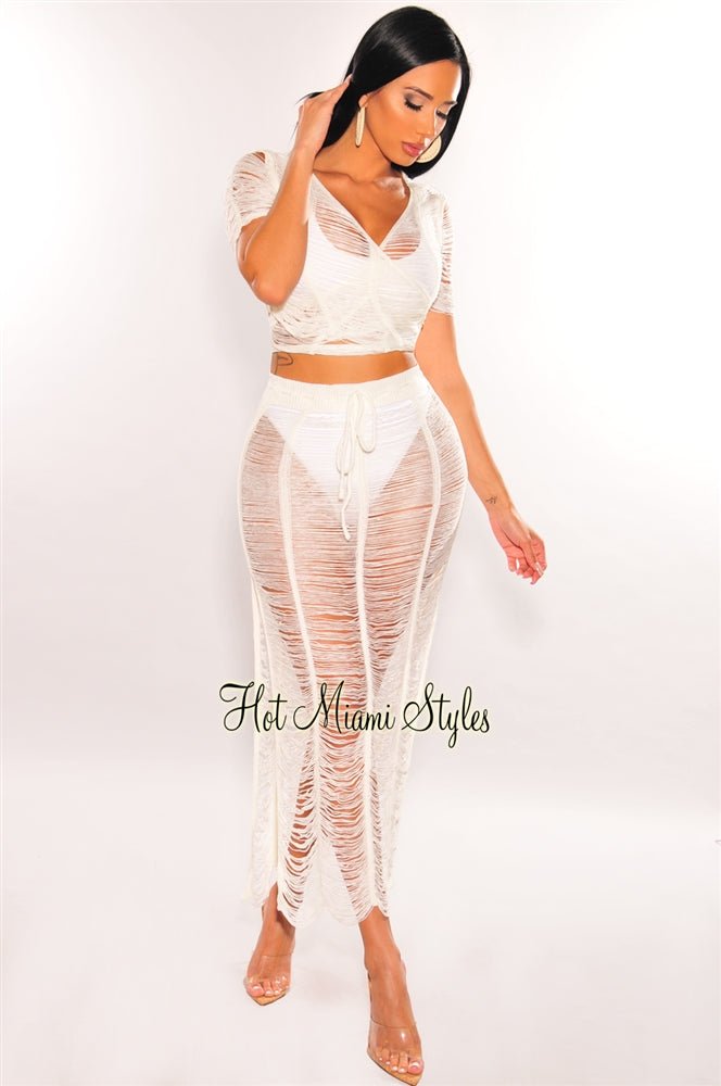 Elegant White Crochet Knit Sheer Skirt Two Piece Set - Summer Beach Cover Up, Boho Chic Outfit for Women, Perfect for Vacations, Pool Parties and Music Festivals