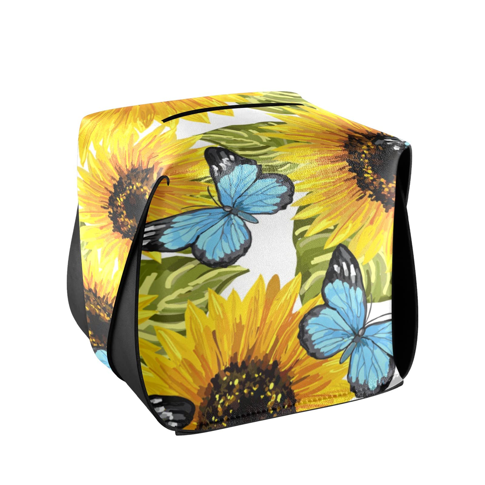 Sunflower & Blue Butterfly Leather Tissue Box Cover with Handle – Rectangular Tissue Holder for Car, Bathroom, Home & Office Decor | Durable & Stylish Facial Tissue Dispenser