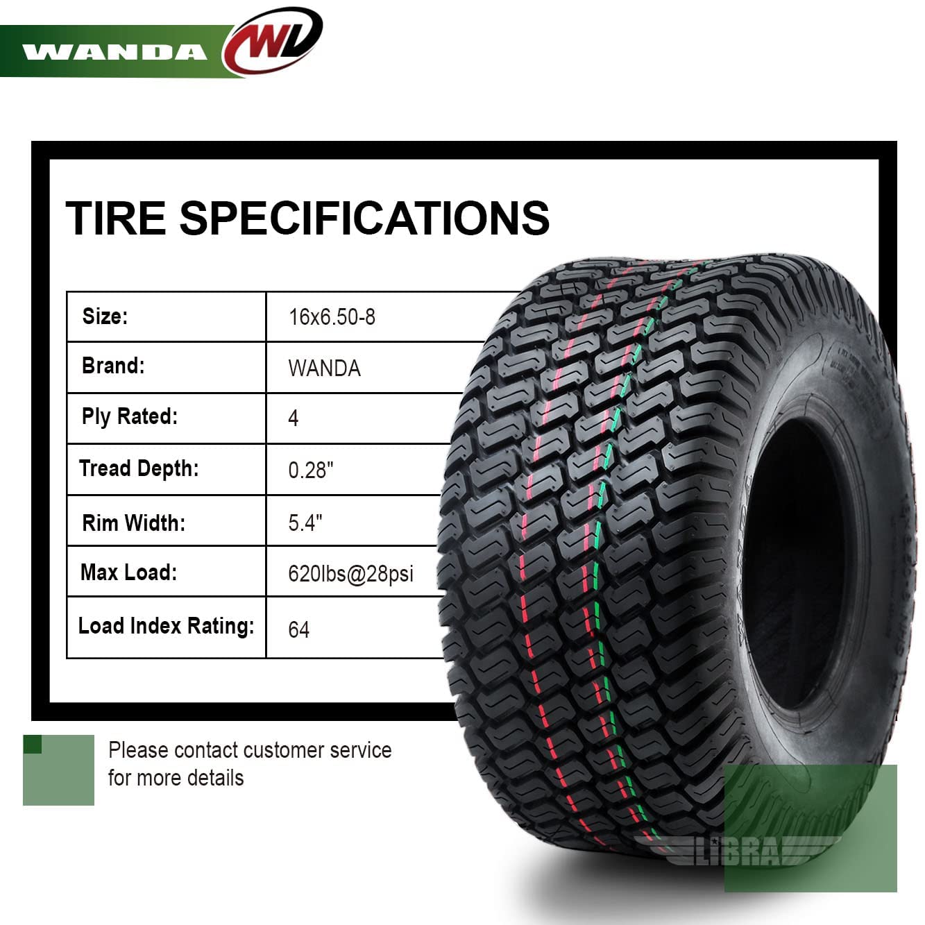 WANDA Set of 2 - 16x6.50-8 Lawn Mower Tractor Cart Turf Tires (16x6.5x8) P332-13019 - Perfect for Garden Tractors, Utility Carts & Lawn Equipment