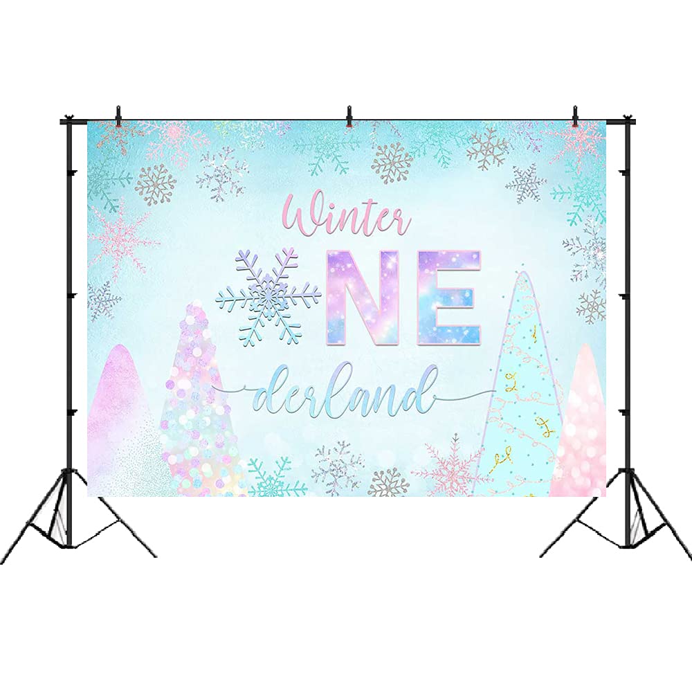 Lofaris Winter Onederland Backdrop - Pink Silver Blue Snowflake Photography Background for Baby Girl's 1st Birthday Party Decor (7x5ft) | Perfect for Cake Table, Photo Booth, Studio Props & Wonderland-Themed Celebrations