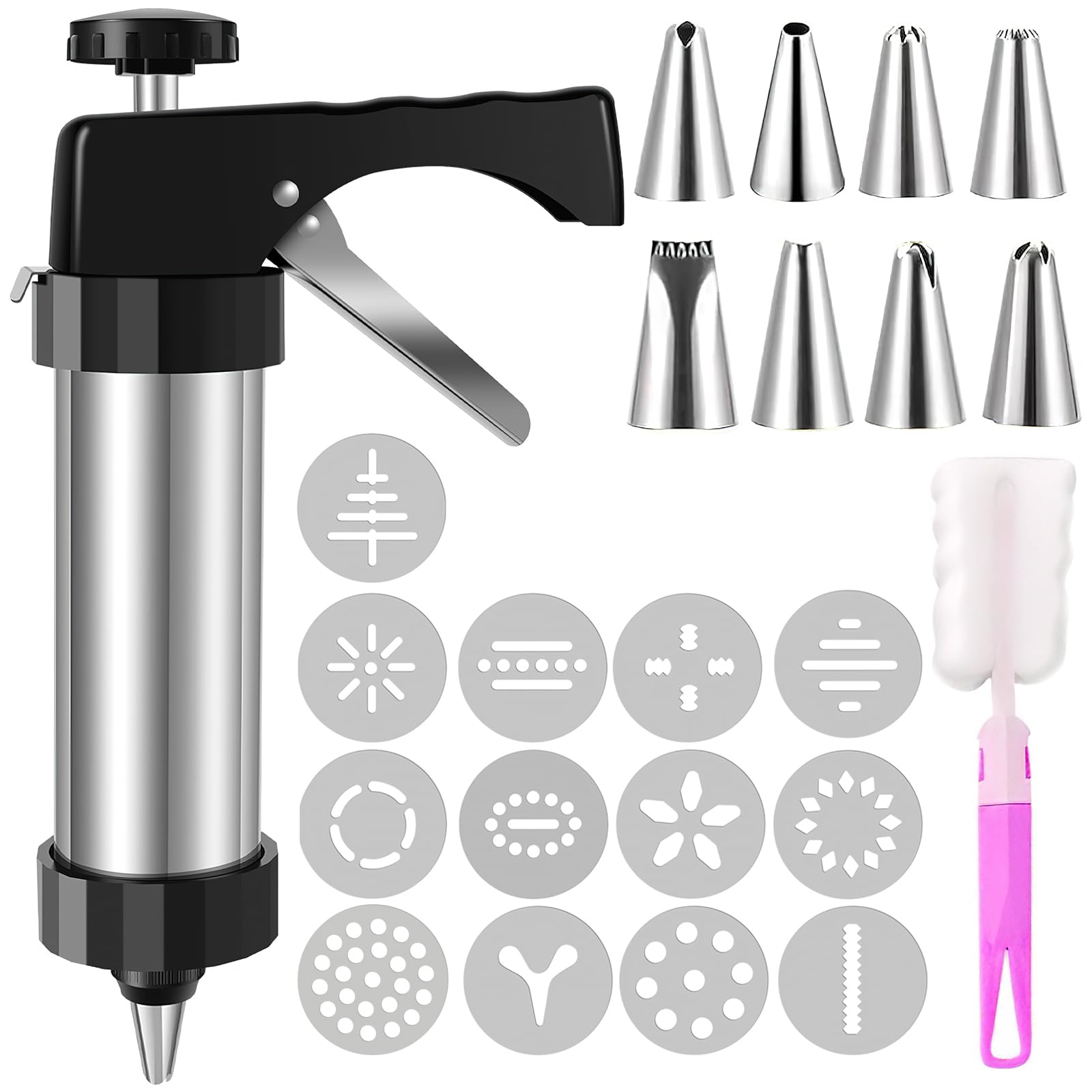 Stainless Steel Cookie Press Gun Kit with 13 Discs & 8 Icing Tips - Christmas Baking DIY Cookie Maker Set for Biscuits, Pastries & Decorating - Perfect for Holiday Baking, Party Treats & Homemade Desserts