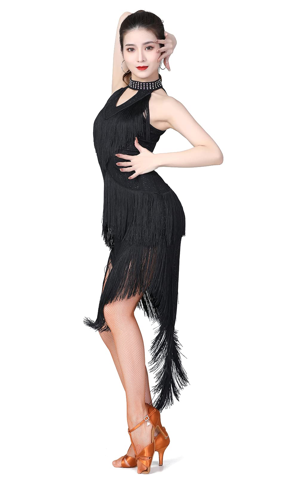 Elegant ZX Women's Ballroom Latin Tango Salsa Dance Dress - High Low Swallowtail Fringe Skirt with Built-in Shorts | Perfect for Dance Competitions, Performances & Social Dancing