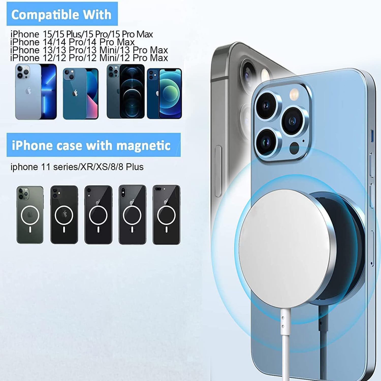Magnetic Wireless USB-C Fast Charger with Dual Ports - 20W PD Quick Charge for iPhone 15/14/13/12/11 Series & Android Phones | Portable USB Charging Cable | Perfect for Travel, Office & Home Use (Silver)