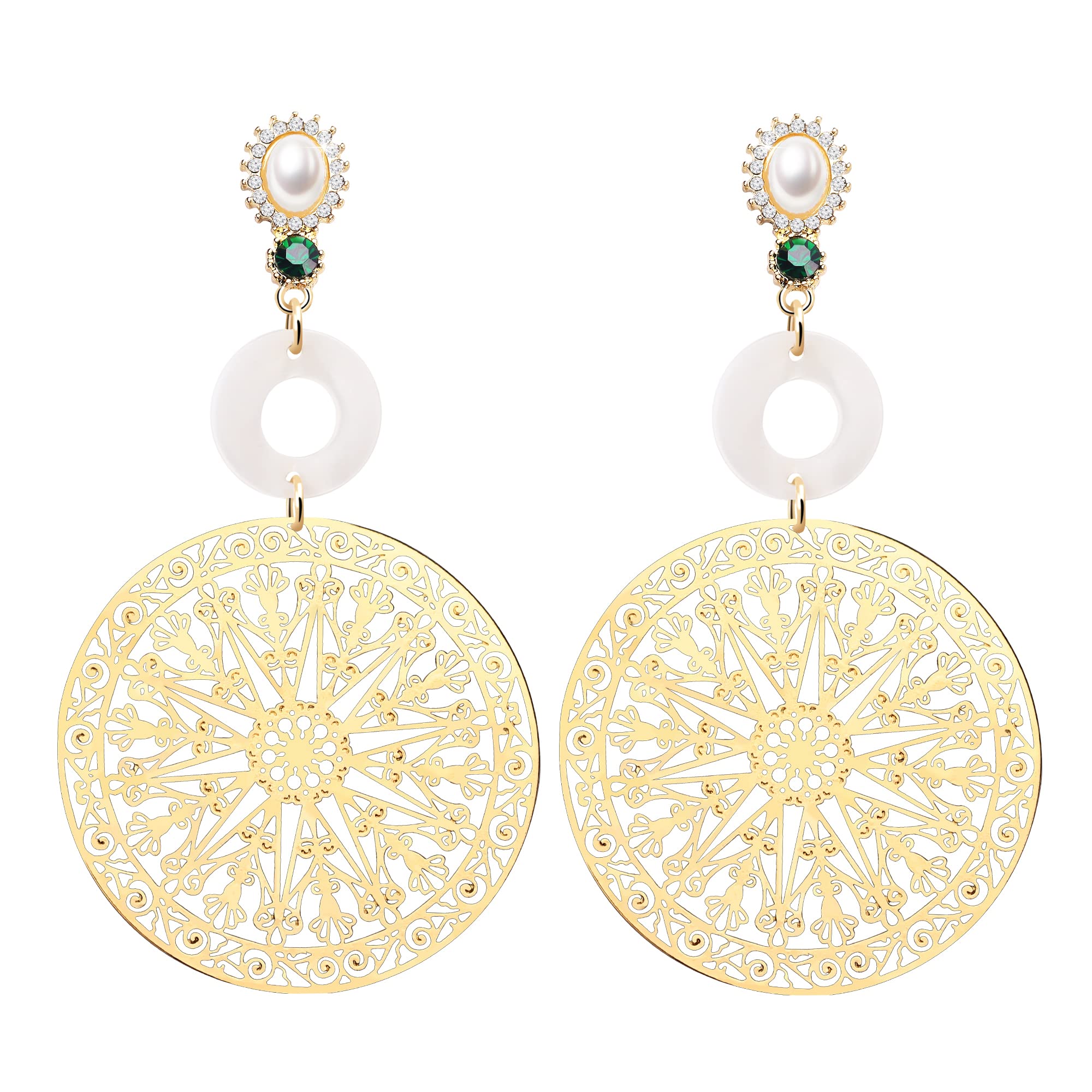 Konikit Filigree Disc Drop Earrings for Women - Delicate Hollow Floral Round Statement Dangle Earrings - Bohemian Metallic Hook Earrings for Girls - Perfect for Parties, Weddings & Boho Fashion