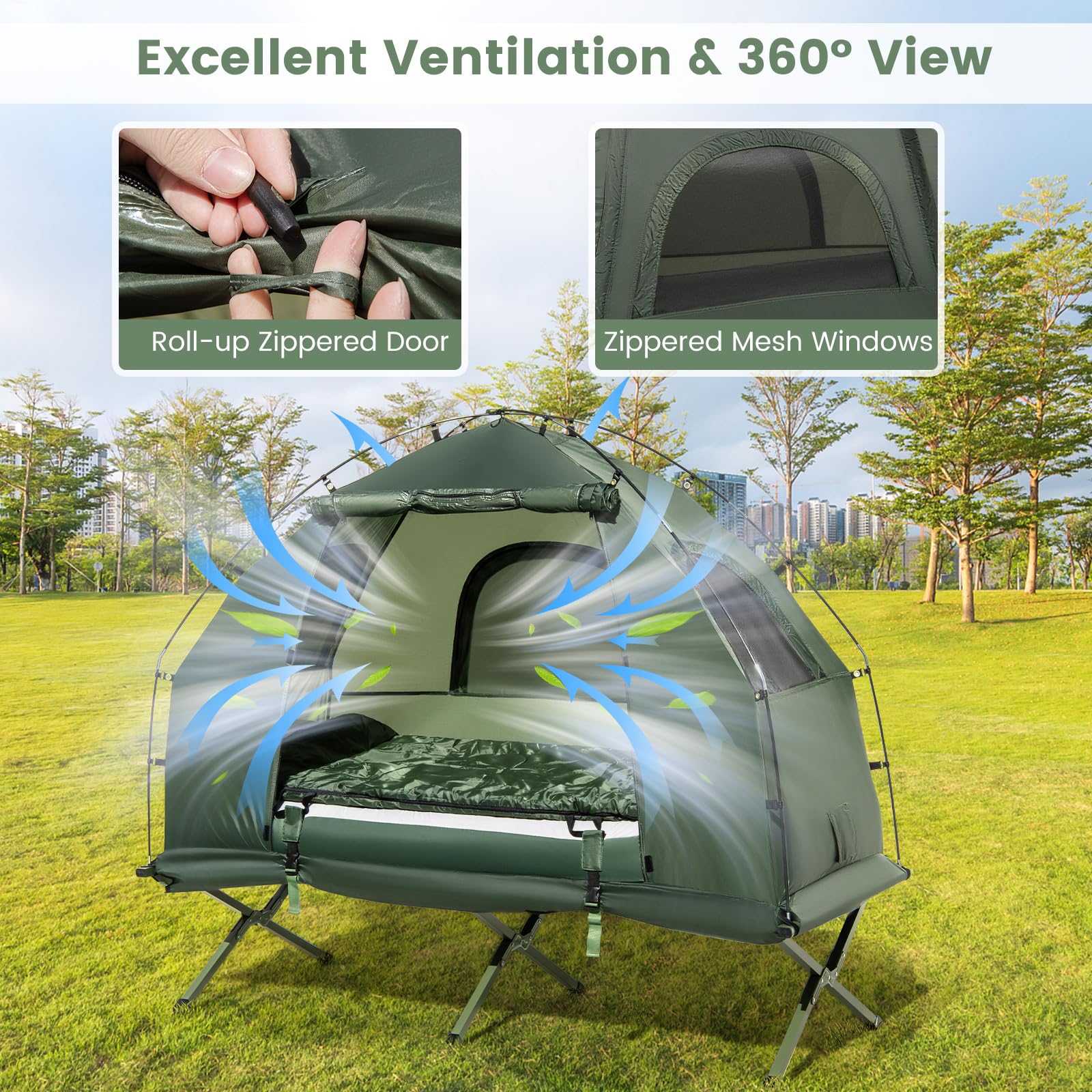 **Moccha Folding Camping Tent Cot with Sleeping Bag & Air Mattress – Portable Elevated Outdoor Tent for Hiking, Backpacking, Picnics – Perfect for Camping Trips & Backyard Adventures**