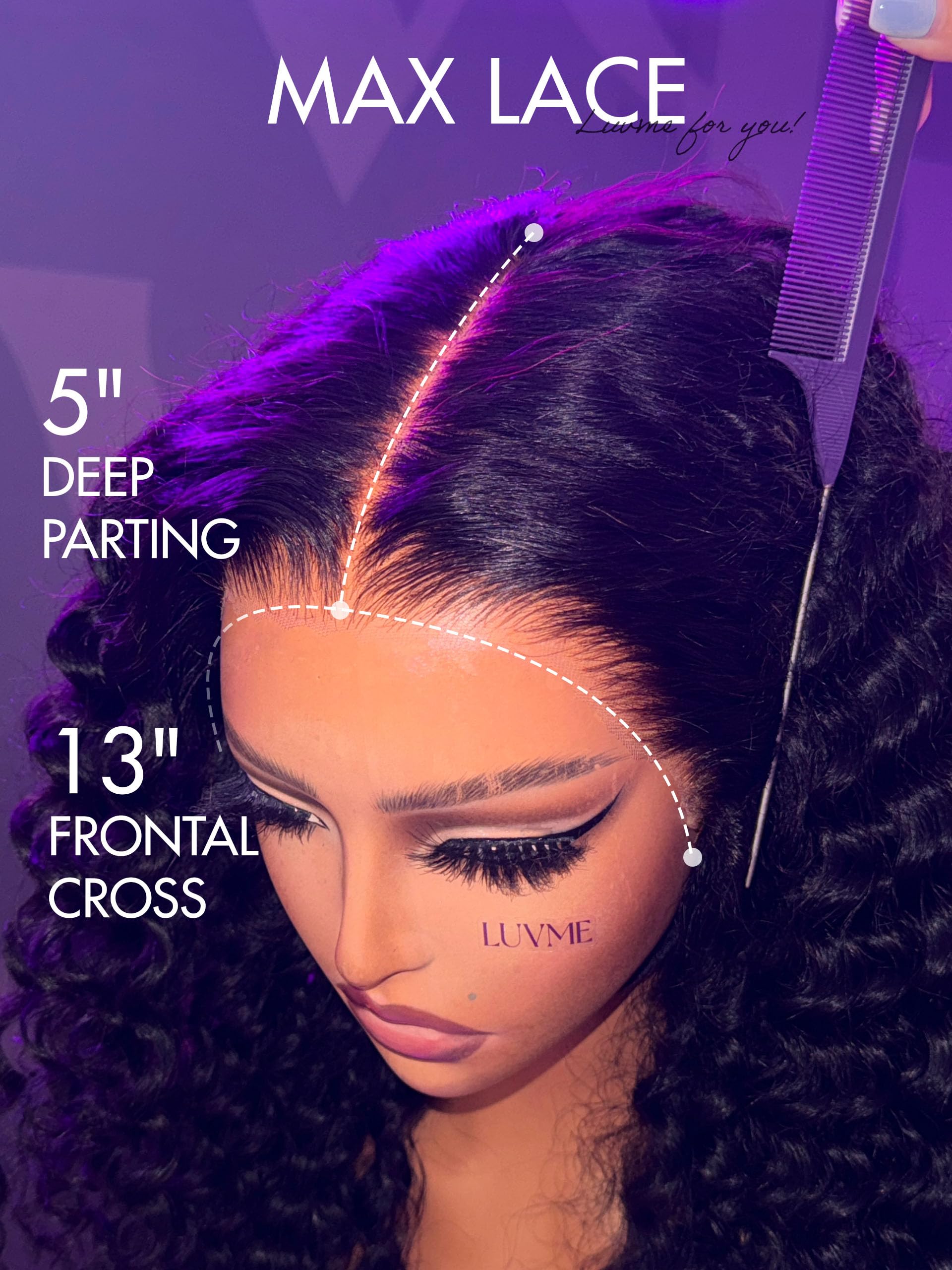 LUVME 13x5 Deep Wave Lace Front Wigs - 100% Human Hair with Pre-Plucked HD Transparent Lace - Glueless 14 Inch Natural Black Long Curly Wig for Women - Perfect for Daily Wear, Cosplay, and Special Occasions
