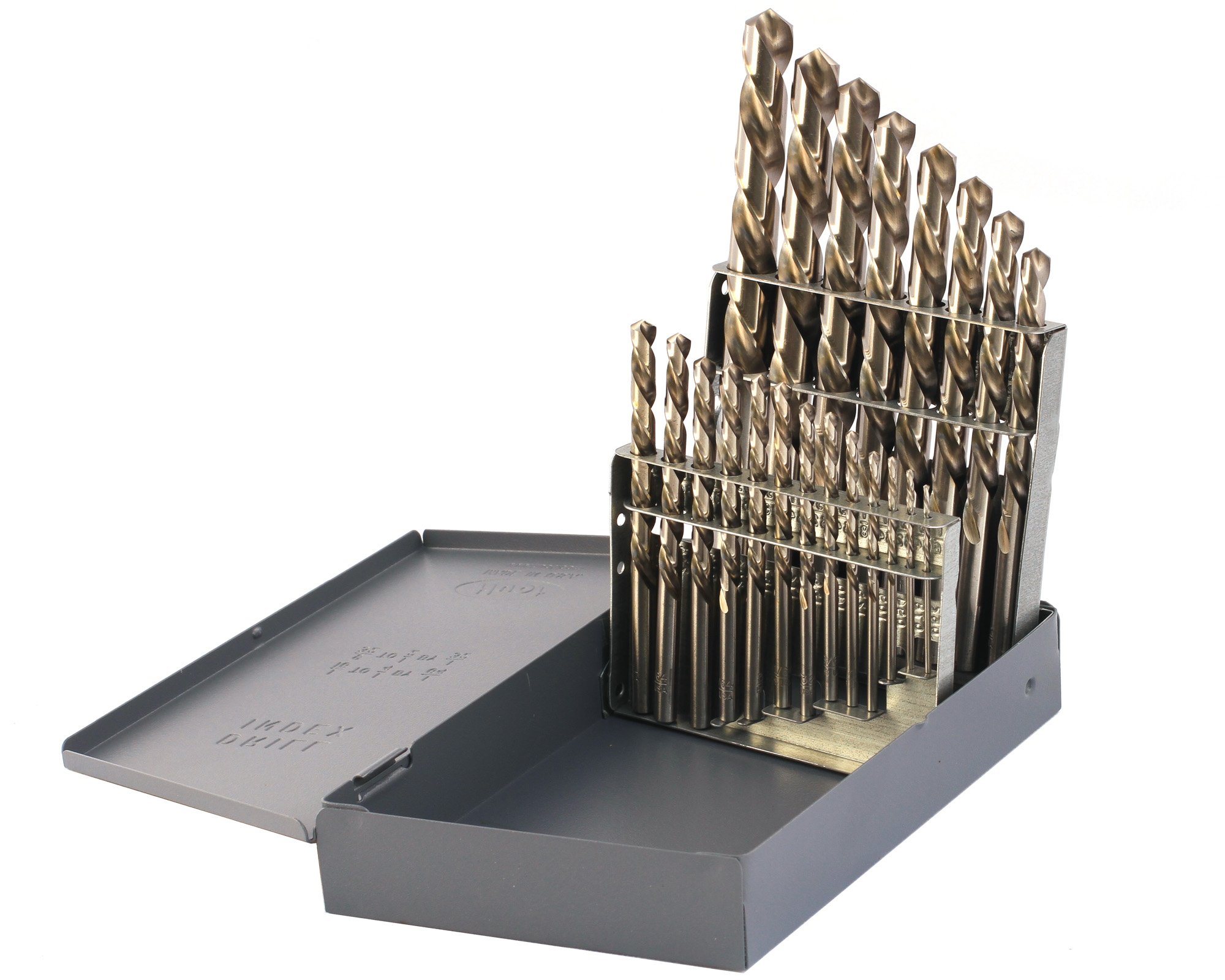 200LH Series 21-Piece High-Speed Steel Left Hand Drill Bit Set - Uncoated Bright Finish, Round Shank Spiral Flute - 118° Point (1/16