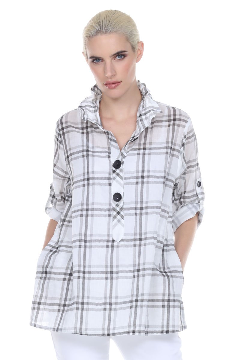 Terra-Sj Women's 100% Cotton 3/4 Sleeve Convertible Collar Blouse - Grey X-Large | Casual Office Wear & Everyday Comfort