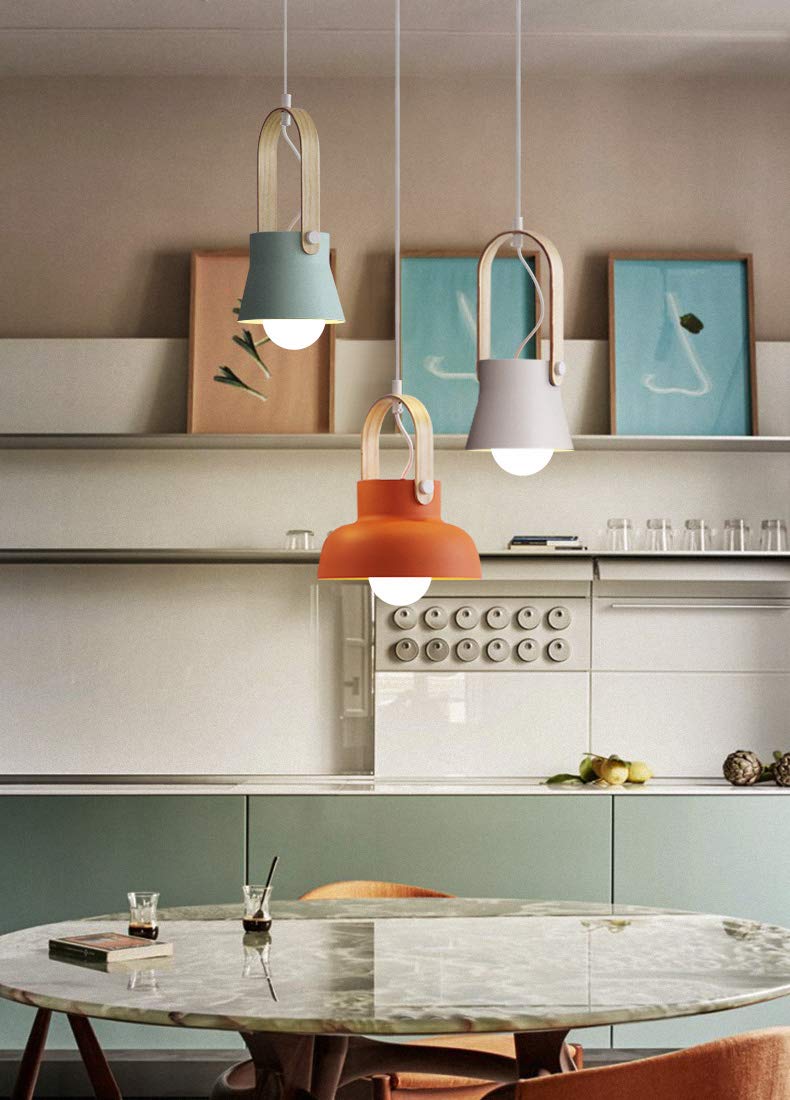 Dimmable Modern Juno-Style Track Pendant Light with Wooden Handle & Peach Iron Shade - 3-Light Adjustable Kitchen Island Lighting for Dining Room, Cafe, and Home Decor