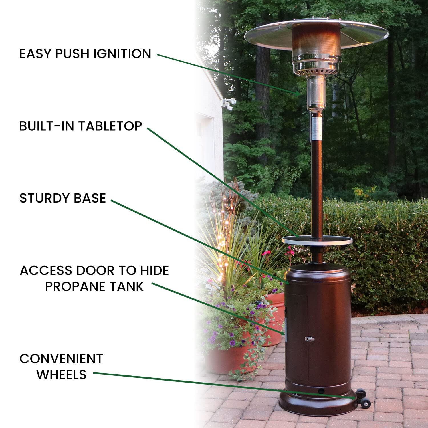 48,000 BTU Hanover Outdoor Propane Patio Heater - 7ft Tall with Wheels, Push Button Ignition & Adjustable Temperature for Backyard, Deck, Restaurant & Outdoor Events (Hammered Bronze Finish) - Perfect for Winter Gatherings, Alfresco Dining & Commercial Use