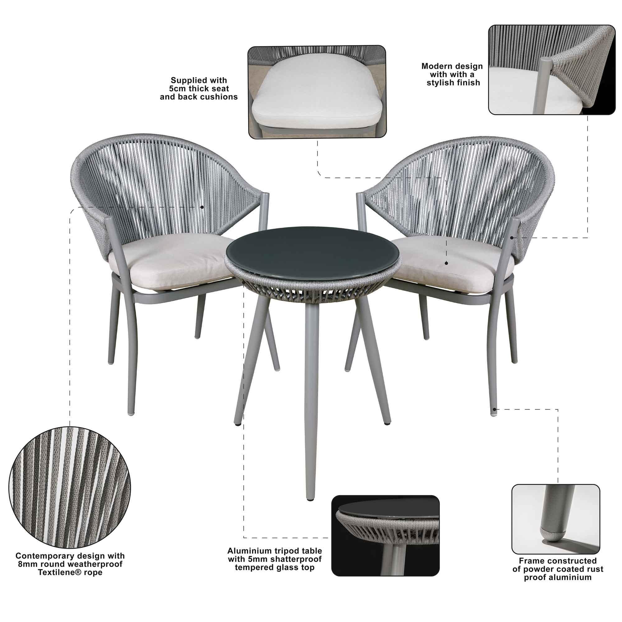 Echo 3-Piece Aluminum Patio Set with Tempered Glass Table Top - Grey DG58 | Outdoor Dining & Relaxing on Balcony, Deck or Garden