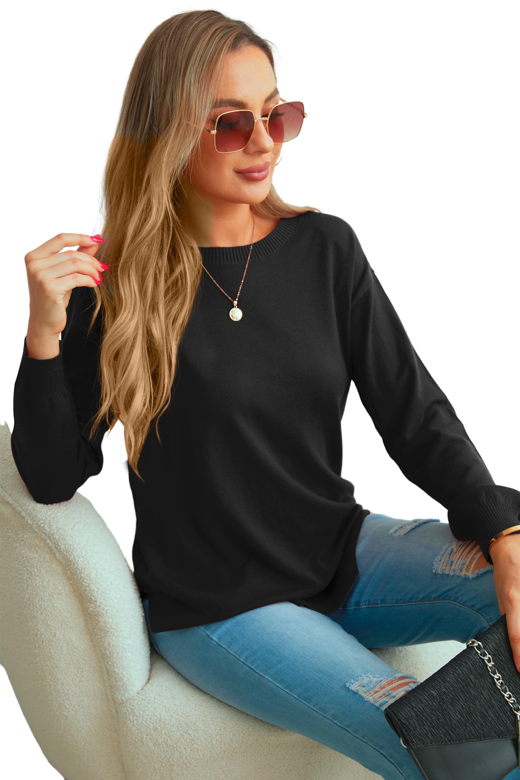 GRECERELLE Women's Lightweight Knit Pullover - Soft Crew Neck Long Sleeve Sweater for Casual Wear