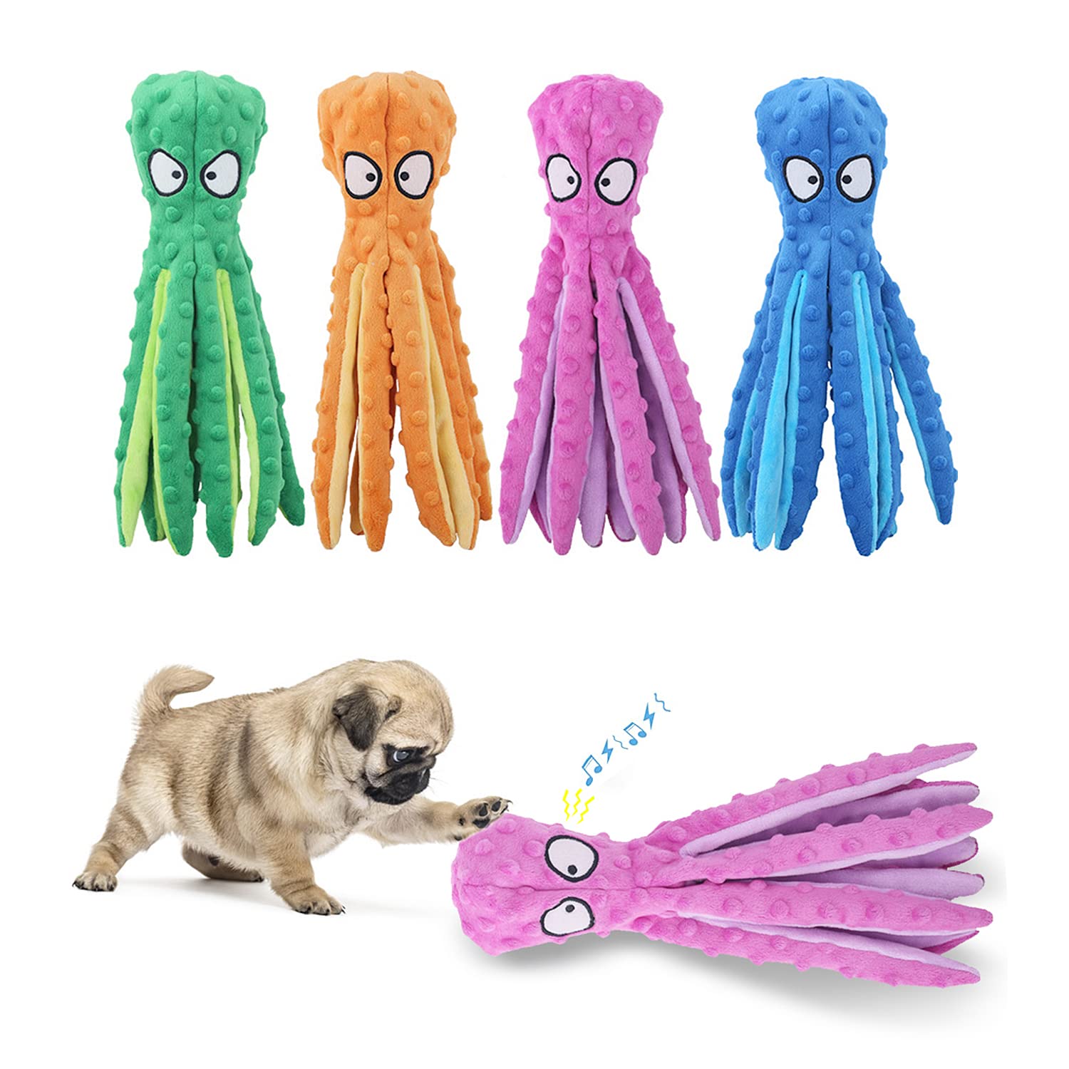 4 Pack Durable Squeaky Octopus Dog Toys - No Stuffing Crinkle Plush Chew Toys for Puppy Teething & Training - Interactive Pet Toys for Small to Medium Dogs to Reduce Boredom - Perfect for Indoor Play, Outdoor Fetch & Anxiety Relief