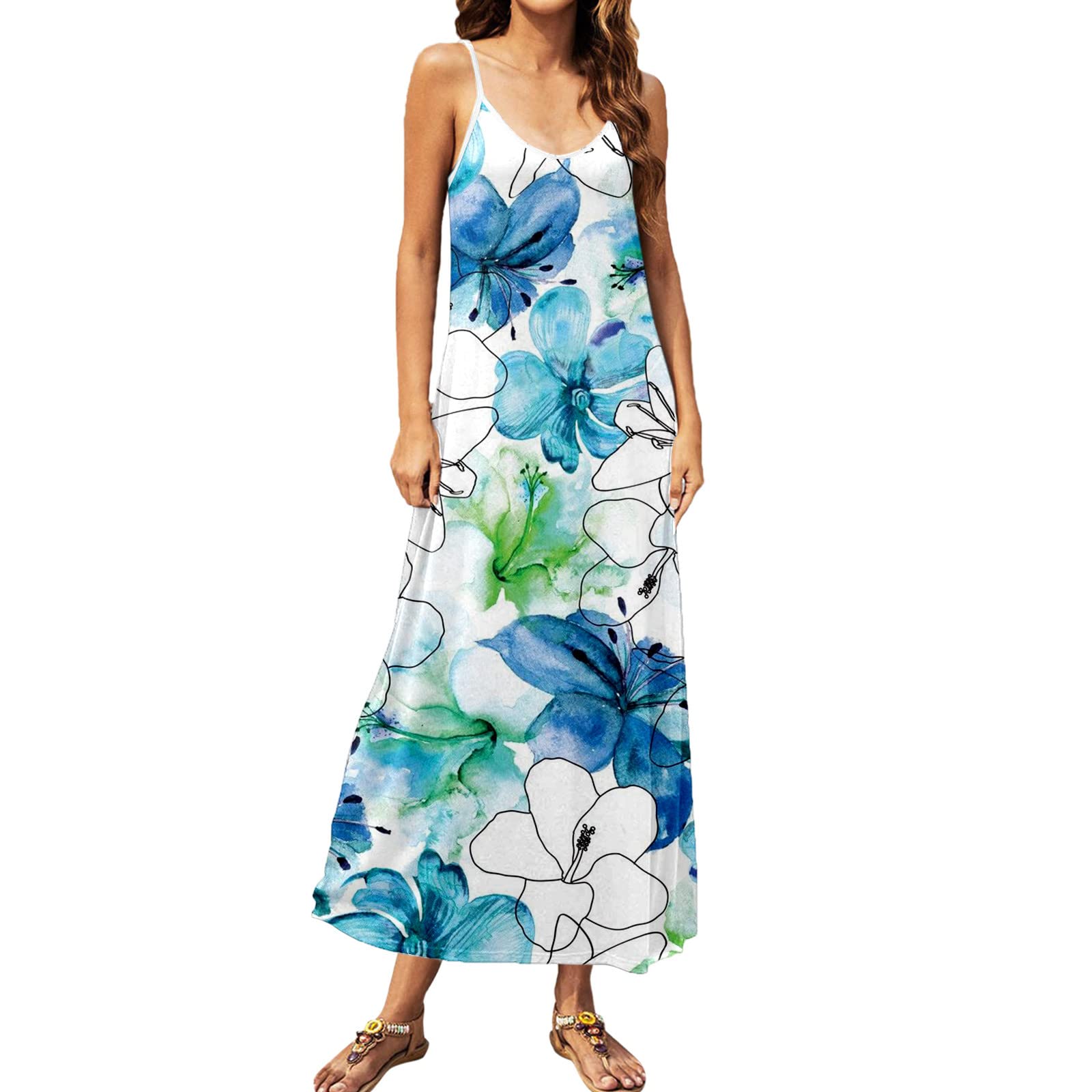 iOPQO Women's Light Blue Printed Spaghetti Strap Maxi Dress - XXXL Summer Sundress with Round Neck | Beach Vacation, Party, Casual Outfit