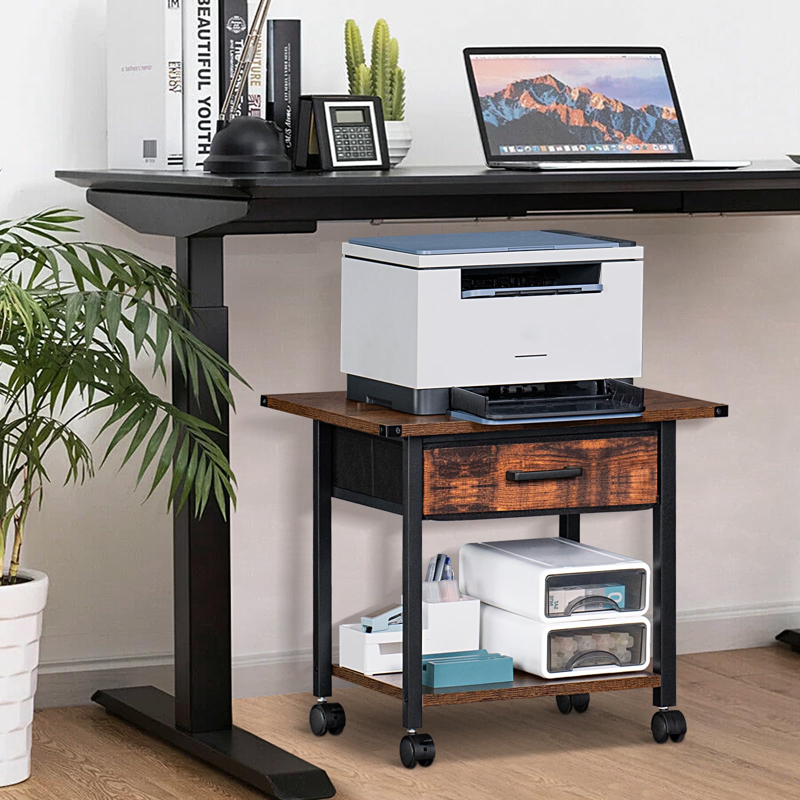 Lerliuo 2-Tier Under Desk Rolling Printer Stand with Storage Drawer & Shelf - Industrial Mobile Printer Cart with Lockable Wheels & Steel Frame - Compact Printer Holder for Home Office Workspace (Brown) - Perfect for Small Spaces & Shared Workstations
