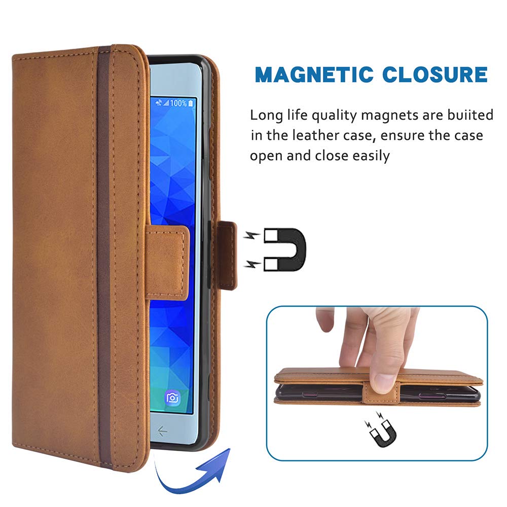Premium Leather Wallet Case for Samsung Galaxy J7 Star/J7 Refine/J7 2018 (J737V) with Tempered Glass Screen Protector & Card Holder - Flip Folio Full Body Protection Cover (Brown) - Perfect for Women's Daily Use & Business Travel