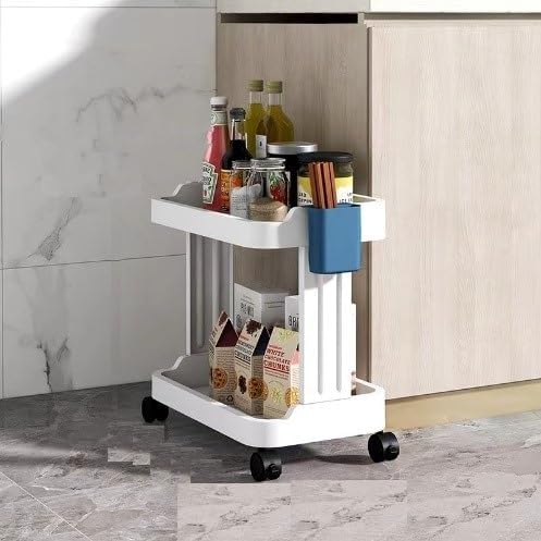 Praxon 2/3 Layer Slim Plastic Folding Storage Organizer with Wheels | Space-Saving Slide-Out Kitchen Trolley Shelf for Pantry, Bathroom & Closet Organization (2-Tier, White) - Perfect for Small Spaces, Under Sink Storage & Cabinet Organization