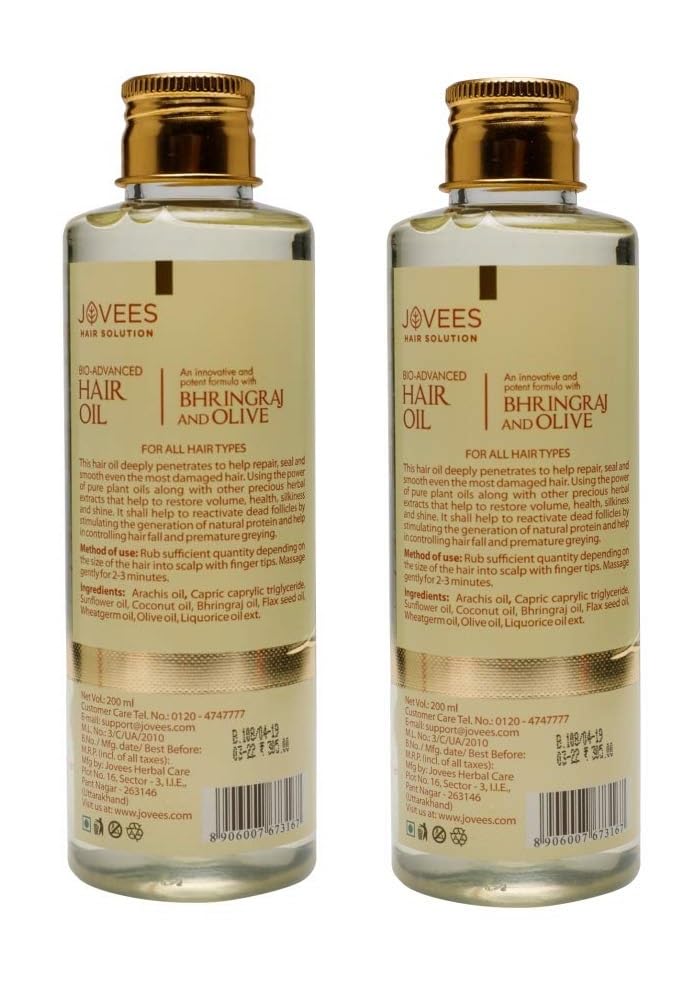 Jovees Herbal Bhringraj & Olive Bio-Advanced Hair Oil for Dry Damaged Hair - Reduces Dandruff & Hair Fall with Bhringraj Oil, Olive Oil, Jojoba Oil | 200ml (Pack of 2) | Deep Conditioning Treatment for Stronger, Healthier Hair | Perfect for Daily Hair Care & Scalp Massage
