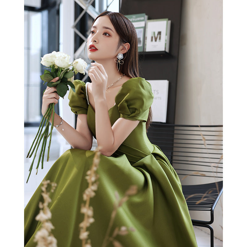 Elegant Green Satin Long Prom Dress with Short Sleeves | A-Line Evening Gown for Homecoming, Wedding Guest & Formal Events 2024