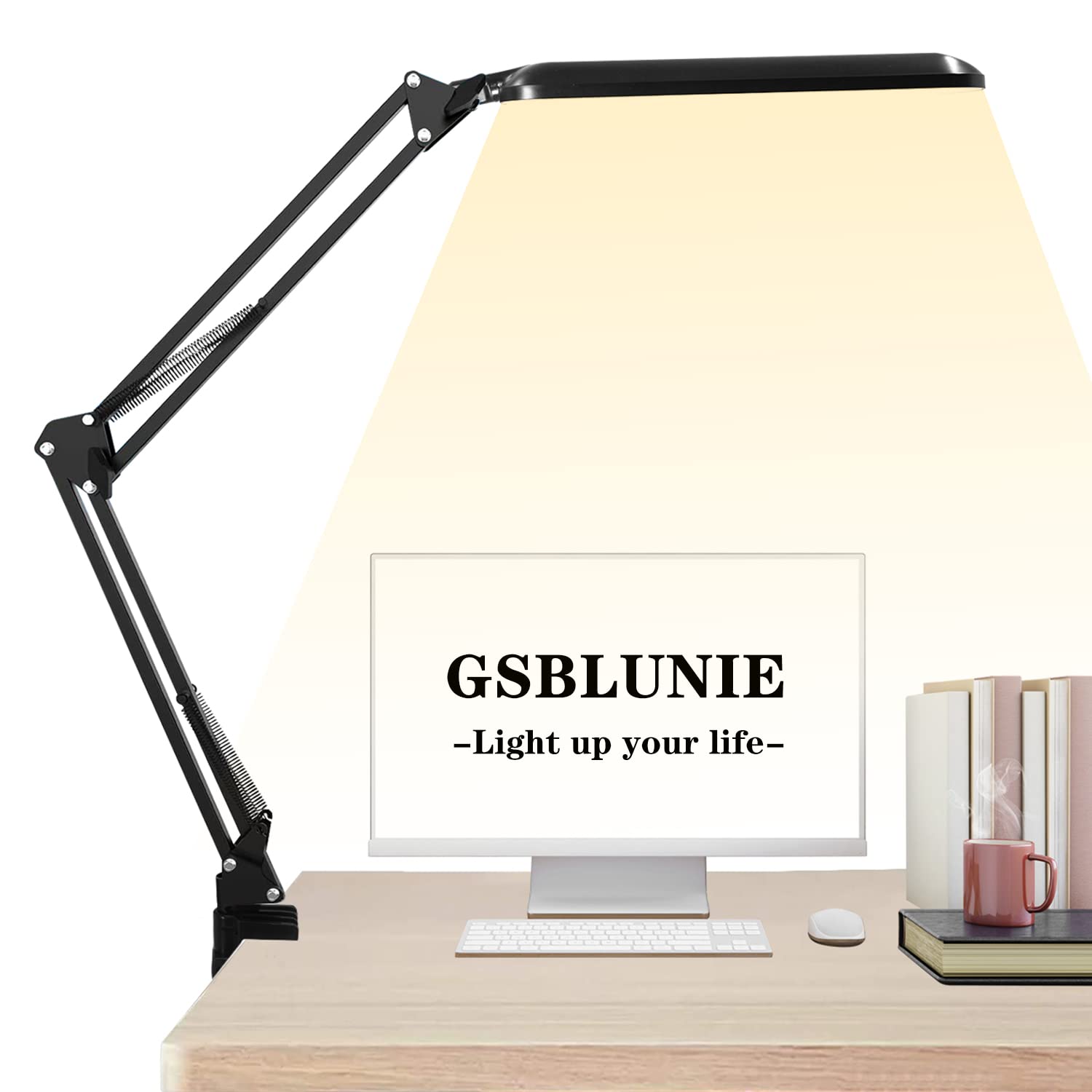 GSBLUNIE Black LED Desk Lamp - Adjustable Metal Swing Arm with Clamp, 3 Color Modes & Stepless Dimming Architect Light for Home Office, Reading, Study - 360° Rotation for Perfect Task Lighting