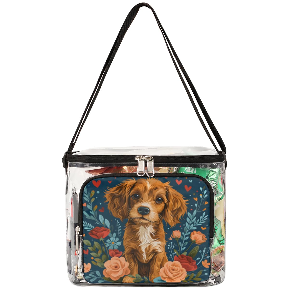 Valentine's Day Clear Tote Bag with Handles - Transparent Crossbody Shoulder Bag for Dog Lovers | Perfect for Lunch, Outdoor Travel, Picnic, Concerts & Sports Events | Stadium Approved Multi-Purpose Purse