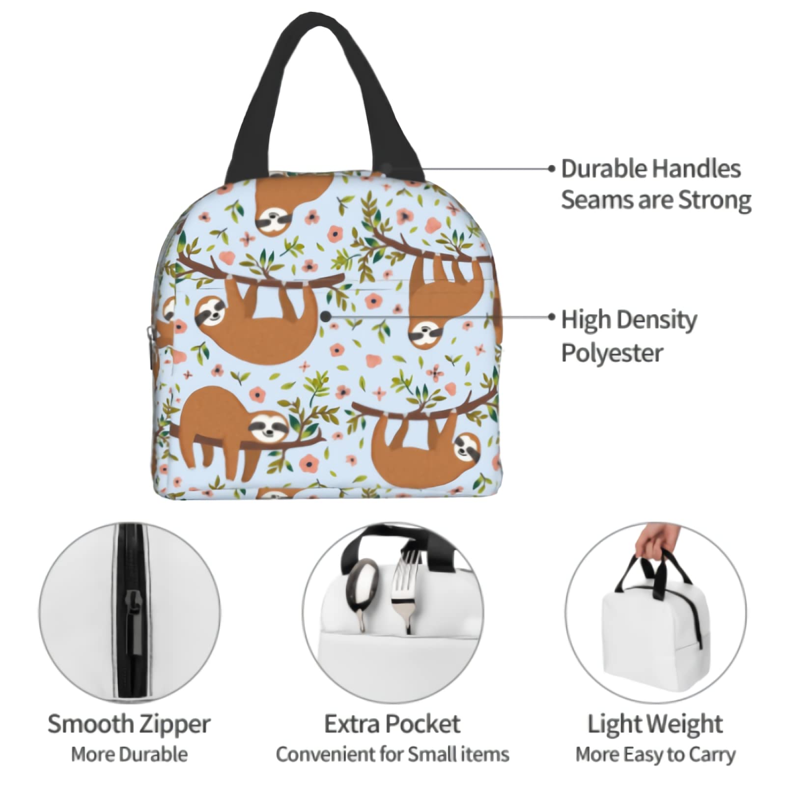 Insulated Sloth Lunch Box for Kids & Teens - Cute Cartoon Animal Design with Flowers & Trees, Bento Tote Bag for School, Work, Travel | Perfect for Women, Men & Back to School Supplies