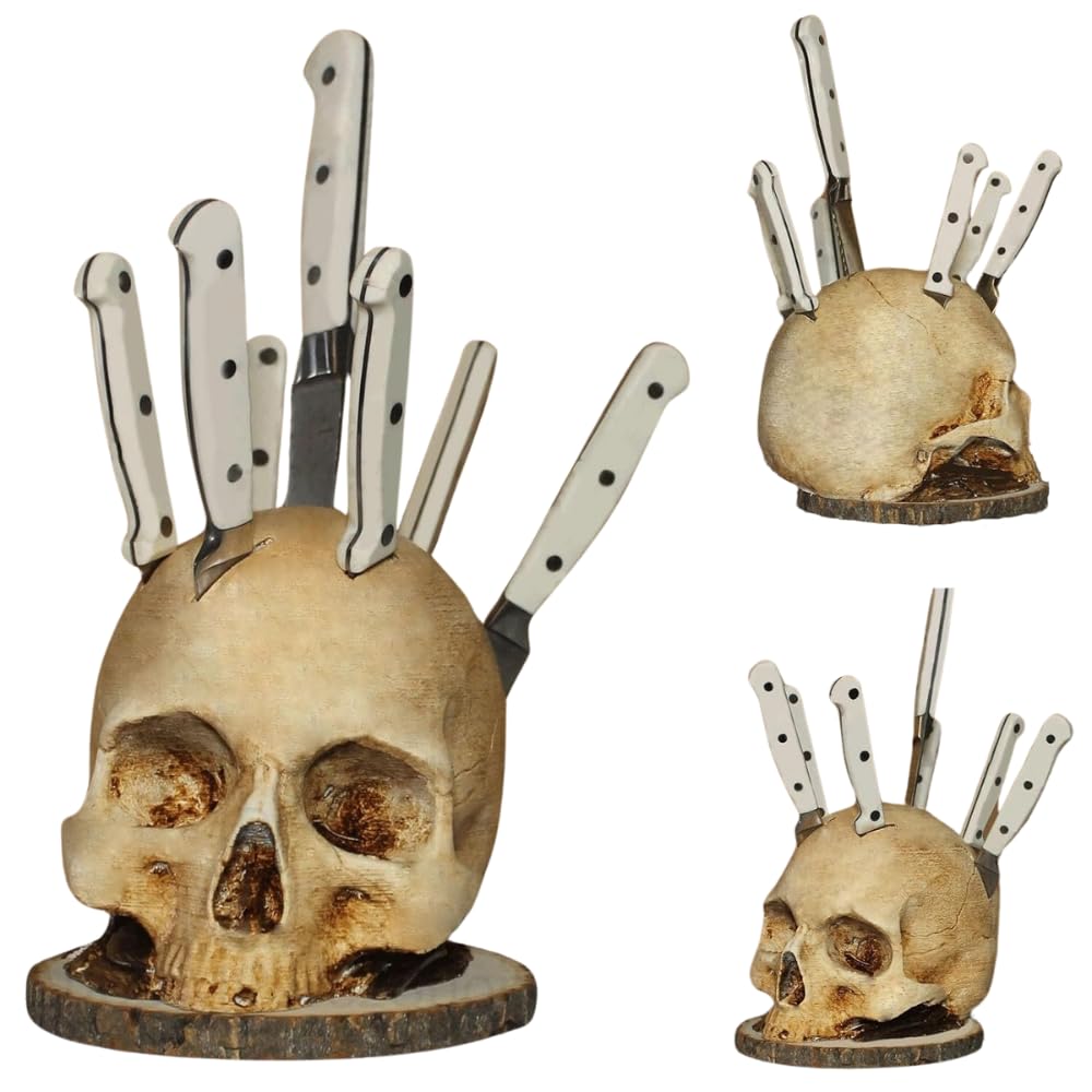 Horror-Themed Skull Knife Holder for Kitchen - Resin Halloween Knife Block with Skeleton Design | Perfect for Gothic Kitchen Decor, Halloween Party Display & Scary Fruit Storage Rack