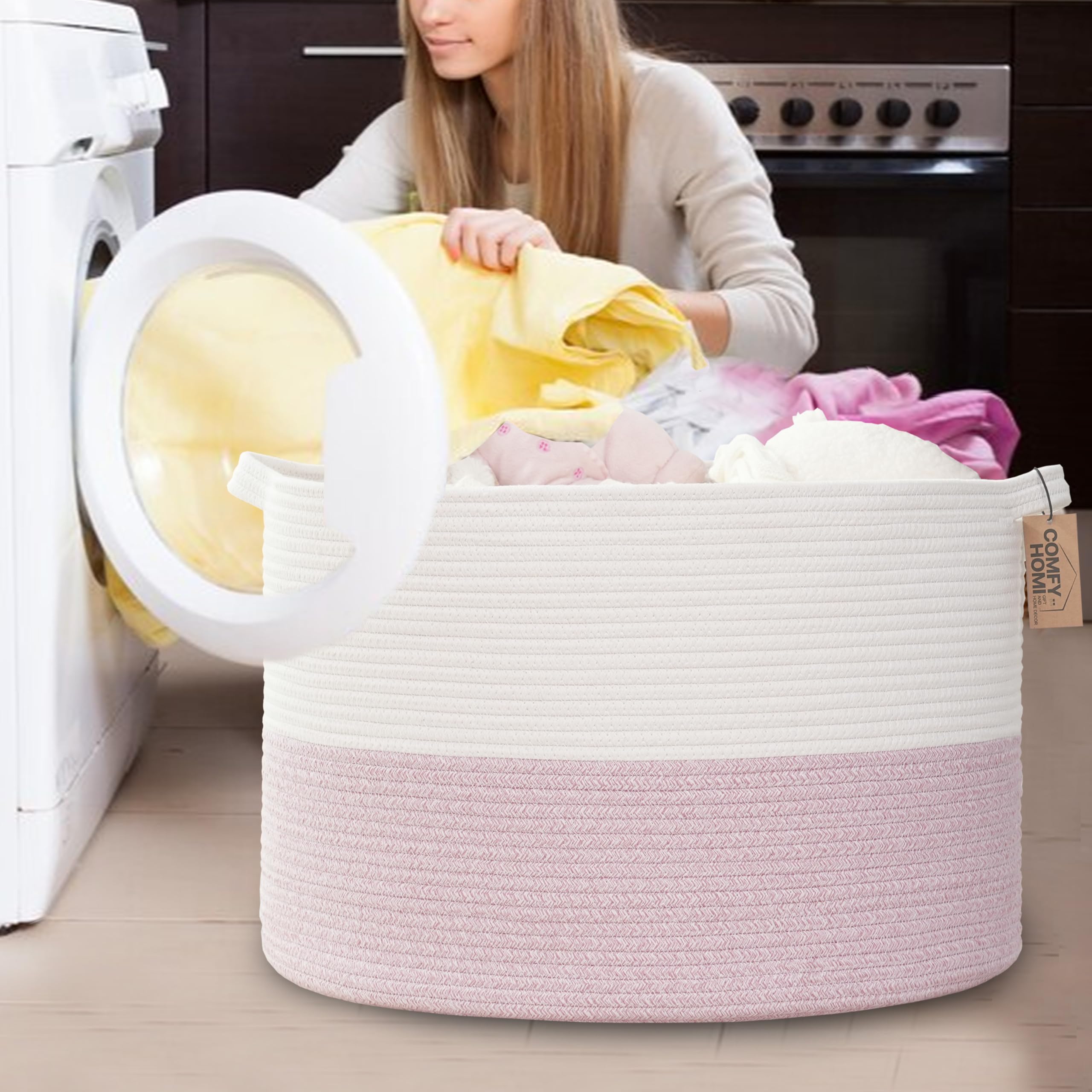 COMFY-HOMI Extra Large Woven Storage Basket 21x21x13.6 Inches - Cotton Rope Toy Organizer & Blanket Holder for Nursery, Living Room, Bedroom - White/Pink Baby Basket for Newborns & Home Decor