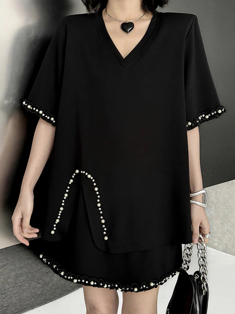 Black Pearl Print T-Shirt & Mini Skirt 2-Piece Set - Round Neck Short Sleeve Women's Fashion Outfit for Spring Summer 2025 | Casual Wear, Street Style, Party Outfit