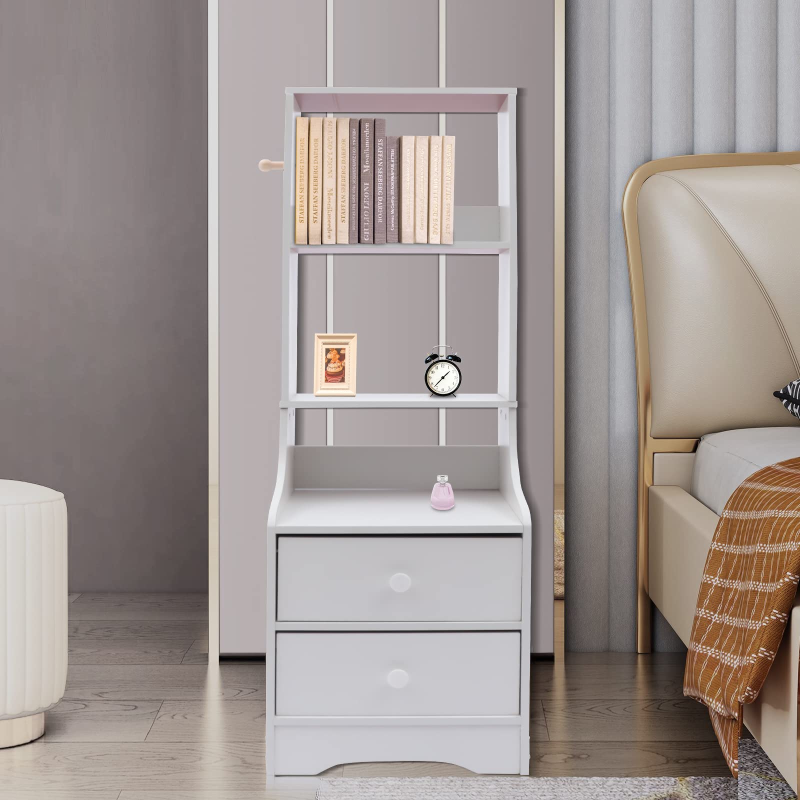 Eapmic 2 Drawer Dresser with Top Cabinet & Open Shelf - White 3-Tier Nightstand, End Table & Bedside Storage for Bedroom, Living Room & Home Office Organization