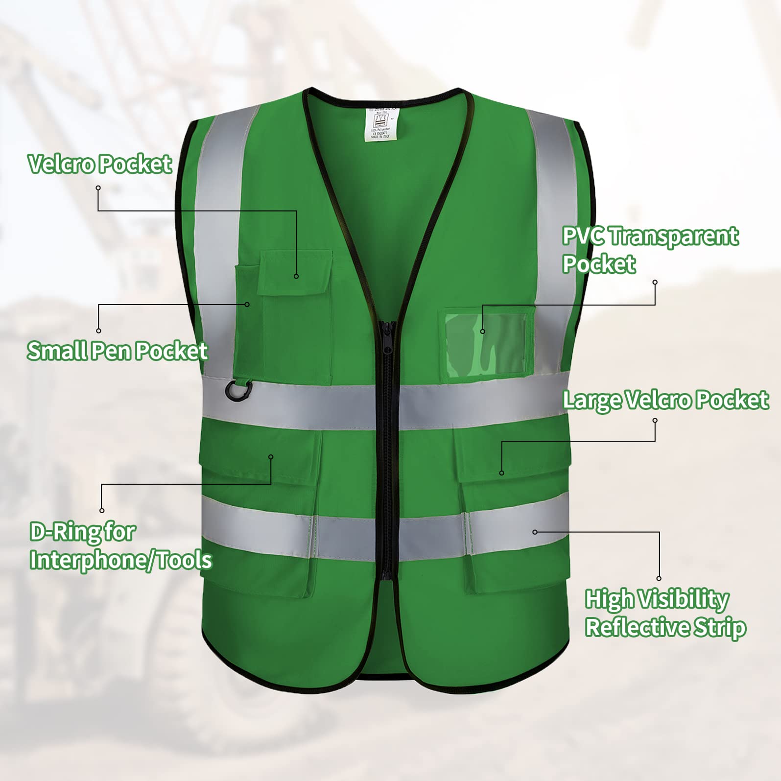 Custom Logo Class 2 Safety Vest - High Visibility Reflective Work Vest with Pockets & Zipper - Bulk Orders Available - Perfect for Construction, Road Work & Warehouse Safety