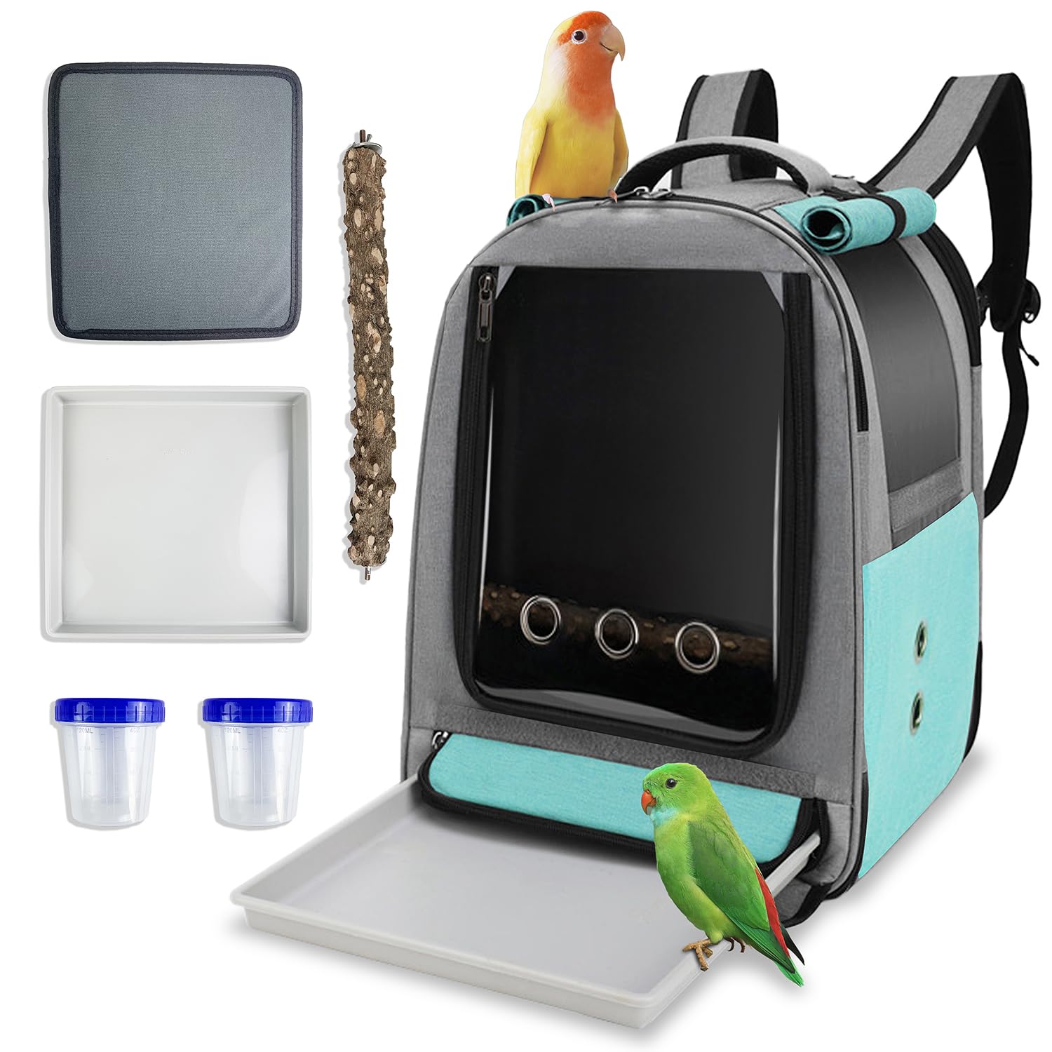 **Bird Travel Backpack Carrier with Tray, Perch & Feeding Tank - Waterproof & Ventilated for Parakeets, Lovebirds & Small Birds - Perfect for Outdoor Adventures & Vet Visits**