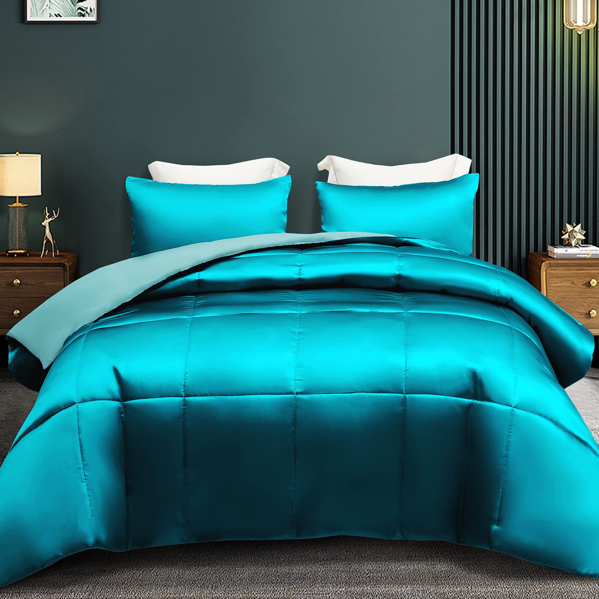 Reversible Queen Silk Comforter Set - Lightweight All Seasons Duvet with Pillowcases for Bedroom Luxury