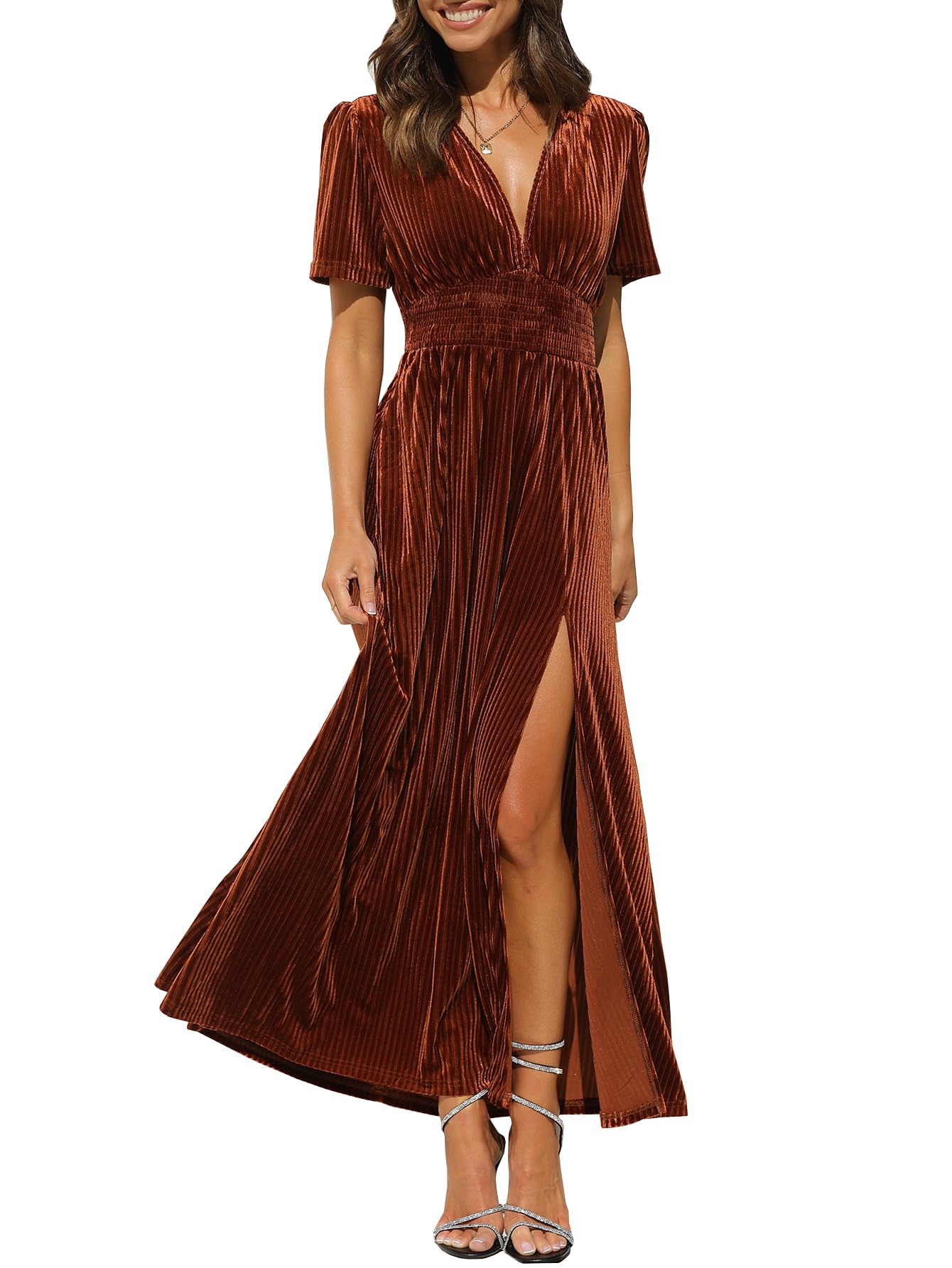 Sissyaki Women's Vintage Velvet V-Neck Maxi Dress for Wedding Guest, Formal Party & Evening Gala - Elegant Long Evening Gown for Special Occasions