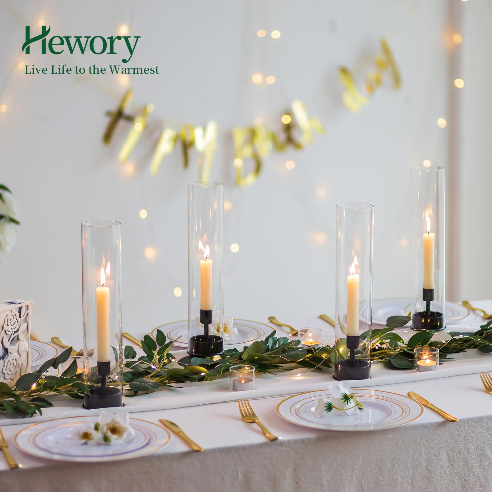 Hewory Hurricane Taper Candle Holders - 2Pcs Black Glass Candlestick Holders for Wedding, Party & Christmas Decor | Elegant Table Centerpiece for Home, Reception & Holiday Celebrations